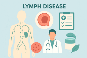 Human lymphatic system illustration showing lymph nodes, doctor, natural care, and lymph disease concept