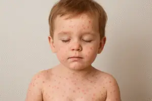 Child with measles rash on face and body – measles symptoms and prevention